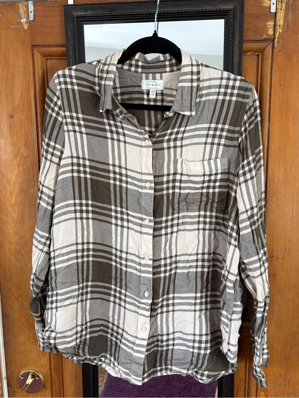 Lucky Brand Women's Olive Green Cream Plaid Button Up Shirt M